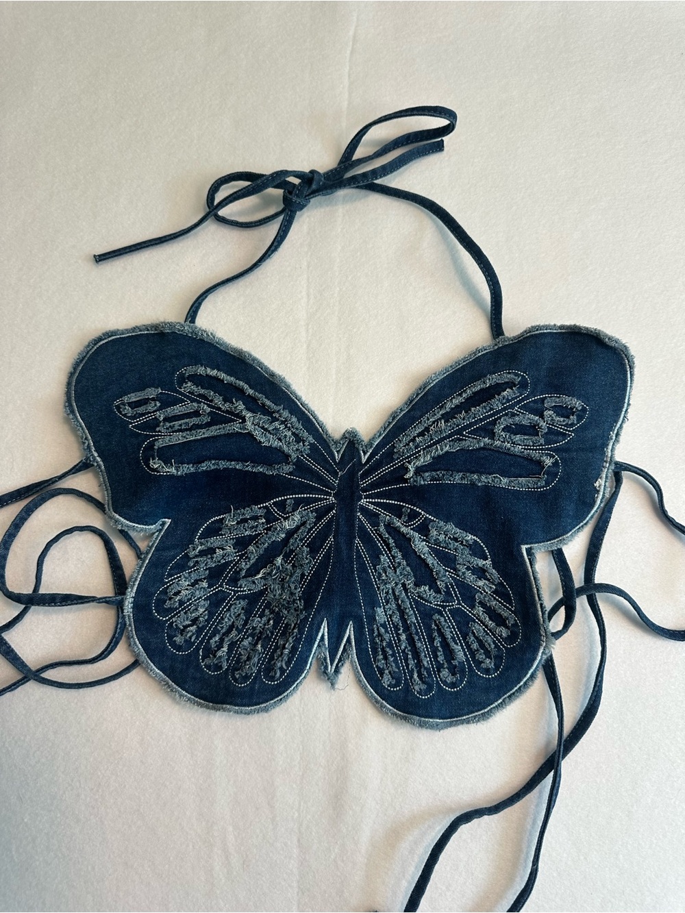 Denim Butterfly Halter Top by Aced It Distressed Frayed Y2K Crop Festival